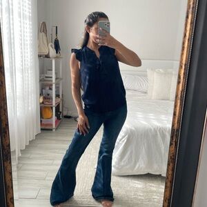 Monteau Navy Blouse with Ruffles at the Shoulders & Neck